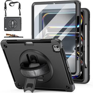 Case for iPad Pro 13 Inch 7th Generation 2024: Military Grade Cover for iPad Pro 13" (M4) W/Screen Protector - Stand - Handle - Shoulder Strap - Pencil Holder- Black