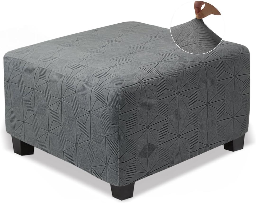 NeColorLife Ottoman Cover Square,Stretch Square Ottoman Covers Slipcover,Soft Knitted Jacquard Cover for Storage Stool,Footstool Protection for Living Room, Grey, Medium, Length&Width:26-34",Height: 14-20"