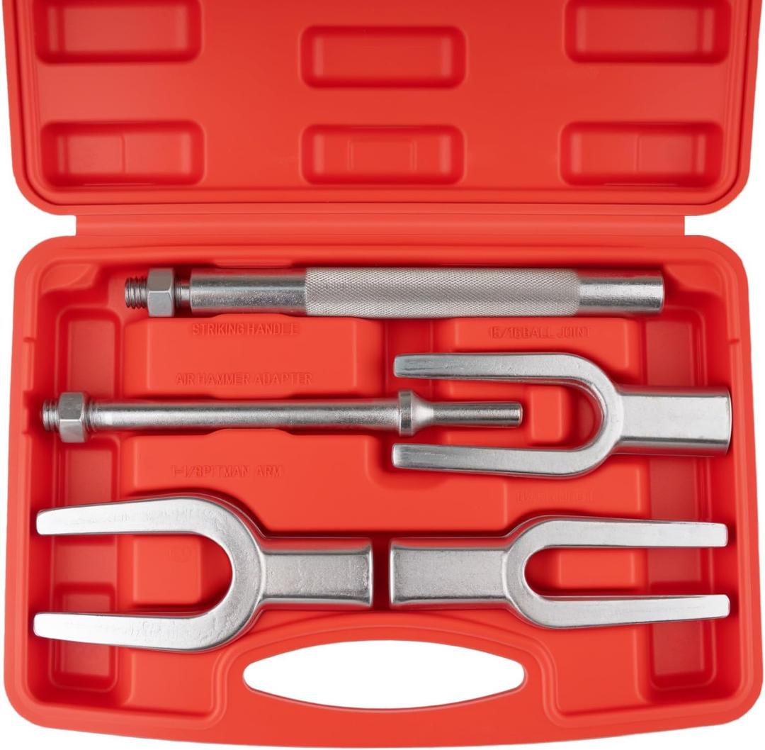5pcs Ball Joint Separator Set, Heavy Duty Tie Rod Removal Tool, 1-1/8", 15/16", 11/16" Pickle Fork Tool Set with Handle and Adapter for Pitman Arm Removal