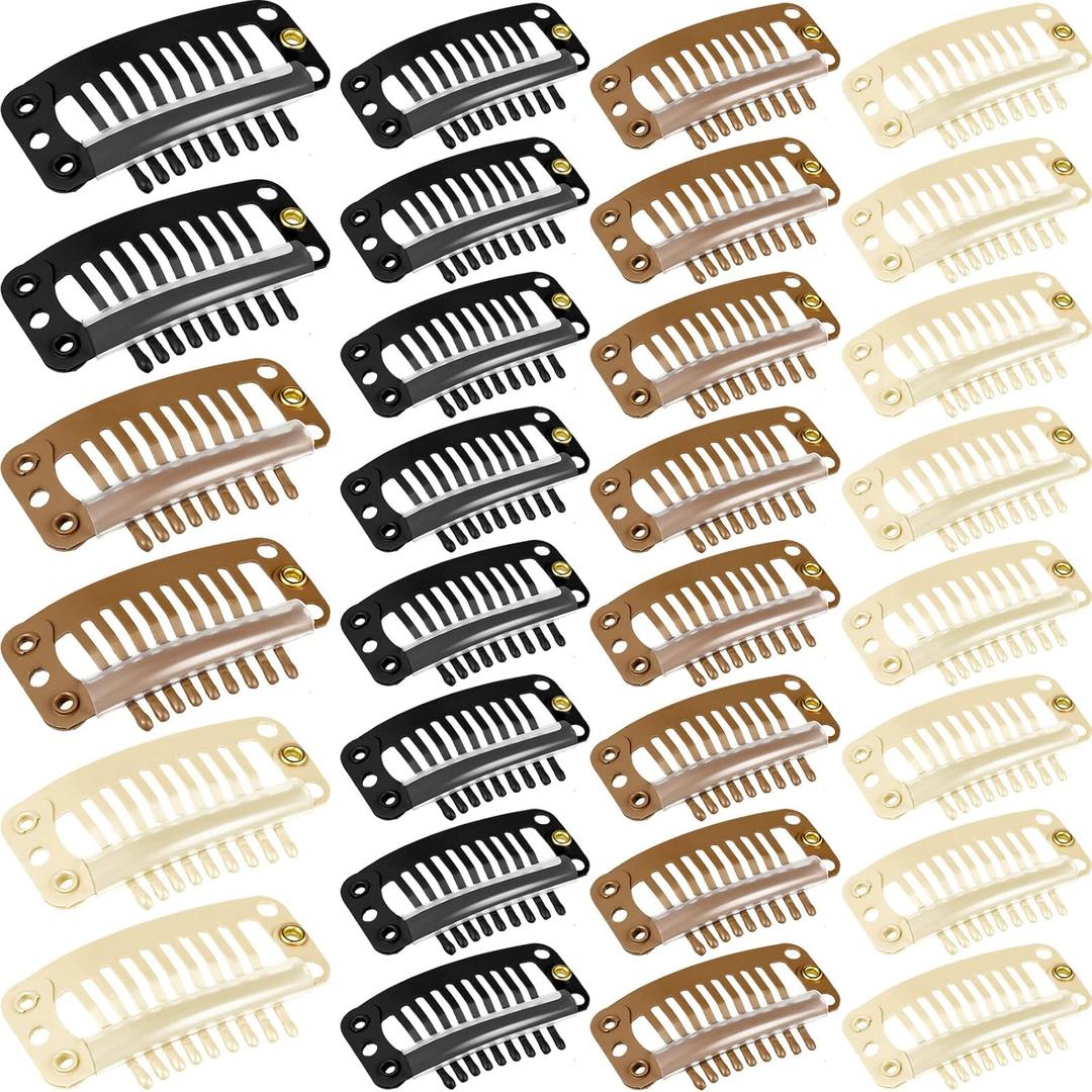 WILLBOND 30 Pieces 32 mm 9-teeth Hair Extension Clips Hair Extension Wigs Snap Clips Comb Small Snap Wig Accessories for Women DIY(Mixed Colors)