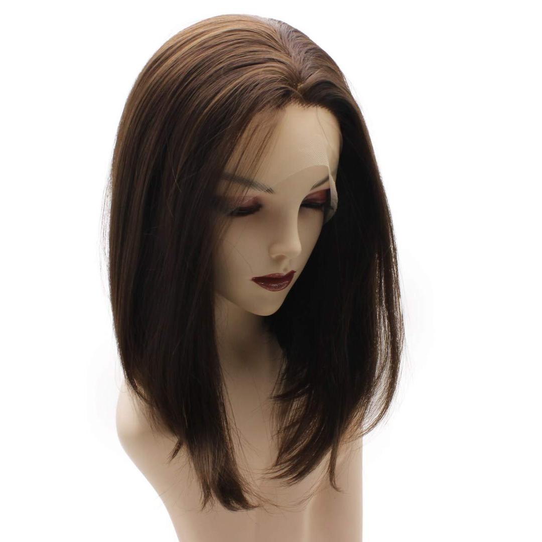 iwonawig Iewig Short Bob Straight Brown Wig Half Hand Tied Synthetic Lace Front Heat Friendly Fiber