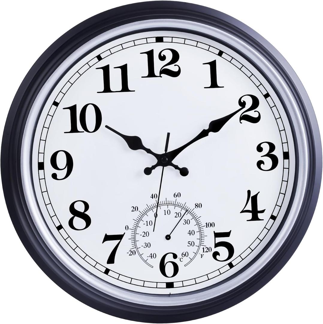 QWARVEL 16 Inch Large Outdoor Clock, Retro Waterproof Indoor/Outdoor Clock Non-Ticking Clock with Thermometer, Battery Operated Wall Clock for Patio, Garden, Pool - Black