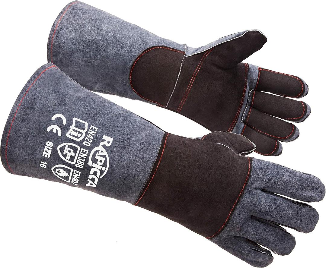 RAPICCA Animal Handling Gloves Bite Proof Double Leather Reinforced Padding Dog,Cat Scratch,Bird Handling Falconry Gloves Grabbing Reptile Squirrel Snake Bite 16in Grey-Black (2 Count)