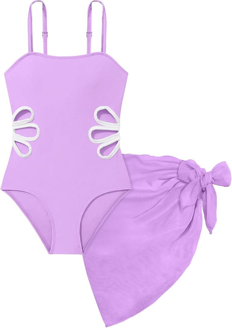 Arssm Girls One Piece Swimsuits Teen Girl Swimsuit Cut Out Bathing Suit with Cover Up Skirt Swimwear 7-16Y (8 Years, Purple)