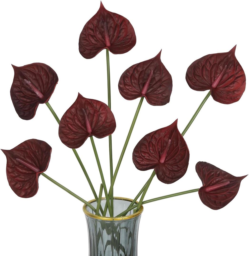 Burgundy Anthurium Artificial Flowers 8PCS 24" Tropical Flowers Real Touch Faux Anthurium with Long Stems for Vase Wedding Bouquets Table Centerpieces Party Home Decor (Burgundy)