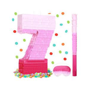 Sratte Number Piata Pink Piata Birthday Decorations Gradient with Stick Blindfold Confetti for Girls Boys Birthday Anniversary Party Decorations Supplies(Number 7)