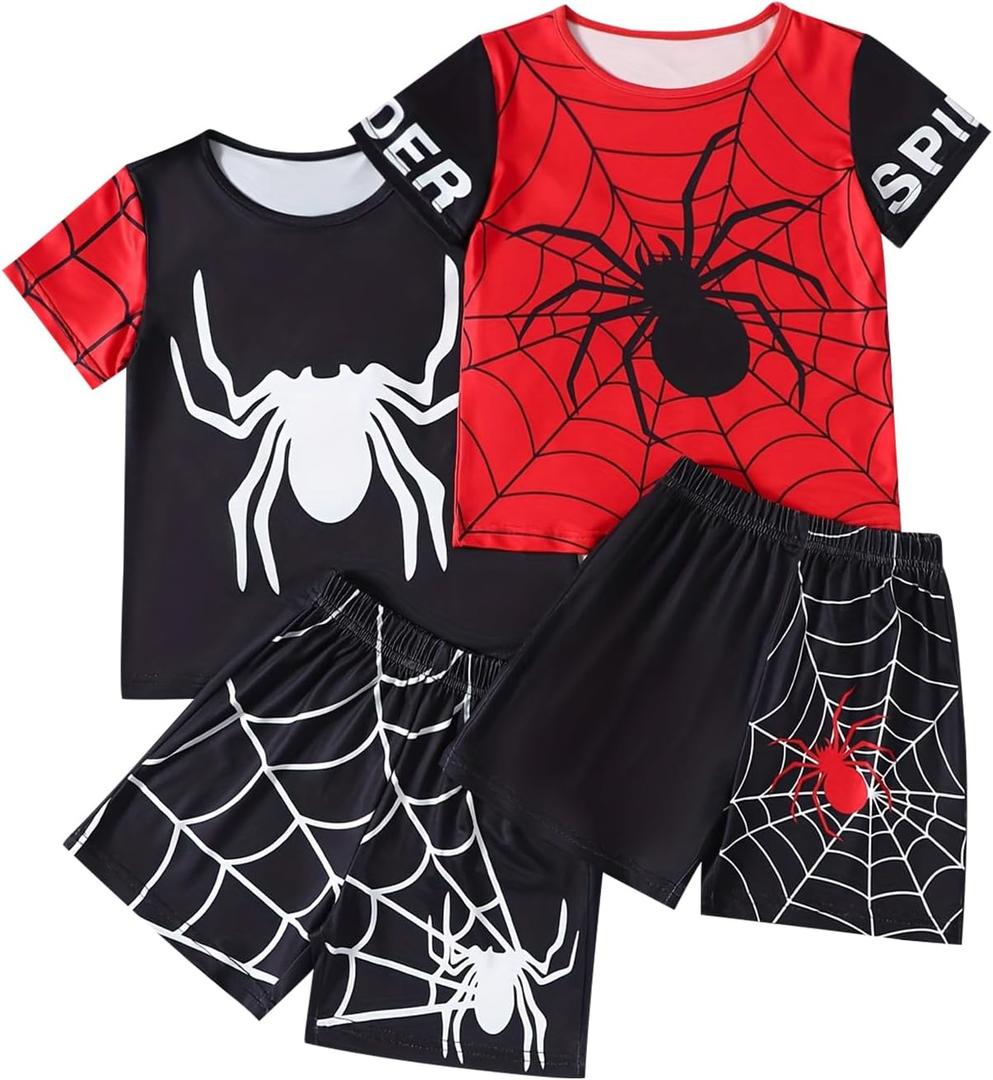 Jolyshlid Boys Shorts Set 4 Pieces Athletic Outfits Short Sleeve Tee Shirt and Summer Shorts Set Black Red 4-5Y