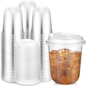 Baderke 100 Sets 12 oz Clear Plastic Cups with Lids,Sturdy Iced Coffee Cups with lids, Disposable Plastic Smoothie Cup for Cold Drinks