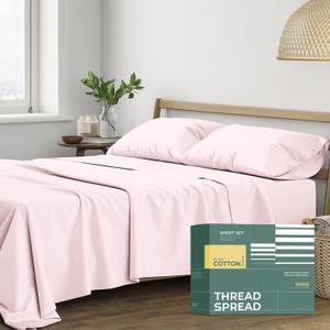 THREAD SPREAD 100% Organic Cotton Sheets Queen Size - 4 PC Organic Cotton Queen Size Percale Weave Sheet Set, Soft, Cooling, Crisp & Breathable, 16" Deep Pocket Hotel Quality Bedding Set - Blush
