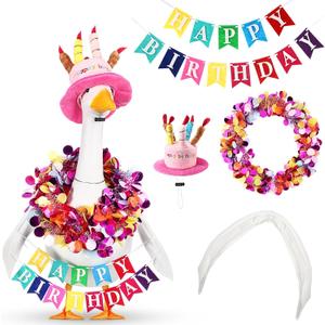 Abbylike 4 Pcs Happy Birthday Porch Goose Outfit for 23" Statues Poseable Porch Goose Wings Birthday Cake Hat for Lawn Patio Outdoor Geese Statue Decoration Accessories(Pink,Classic Style)