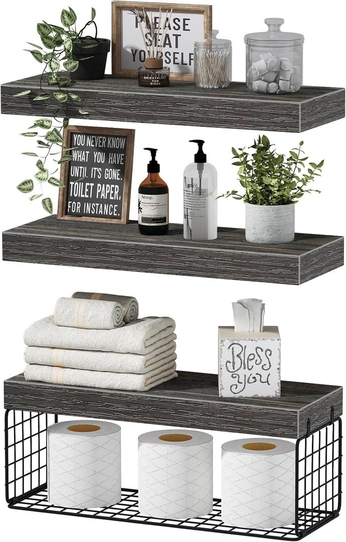 QEEIG Bathroom Shelves Over Toilet - Wall Mounted Floating Shelves Toilet Paper Storage Small Farmhouse Decor Shelf 16 inch Set of 3, Grey (019-GY3)