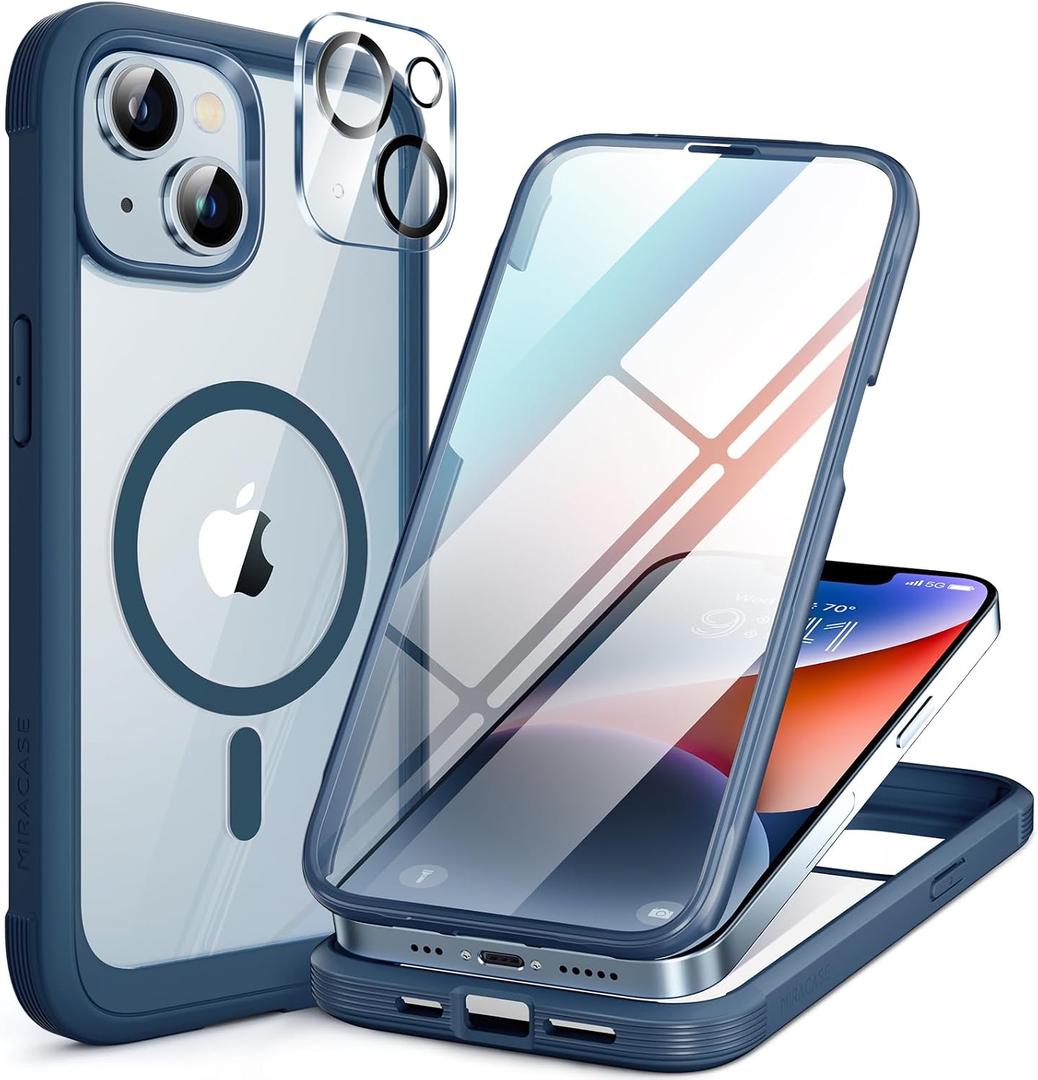 Miracase Magnetic for iPhone 14 Case 6.1'', [Bubble Free] Full-Body Bumper Phone case with Built-in Full Glass Screen &Lens Protector, No Gap, Compatible with MagSafe, Drop Proof 14 Cover, Storm Blue