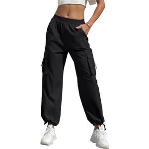 Women's High Waisted Cargo Pants Baggy Trendy Hiking Parachute Pants with Pockets Y2K Cargo Trousers Drawstring Ankles Black (Black, XL)