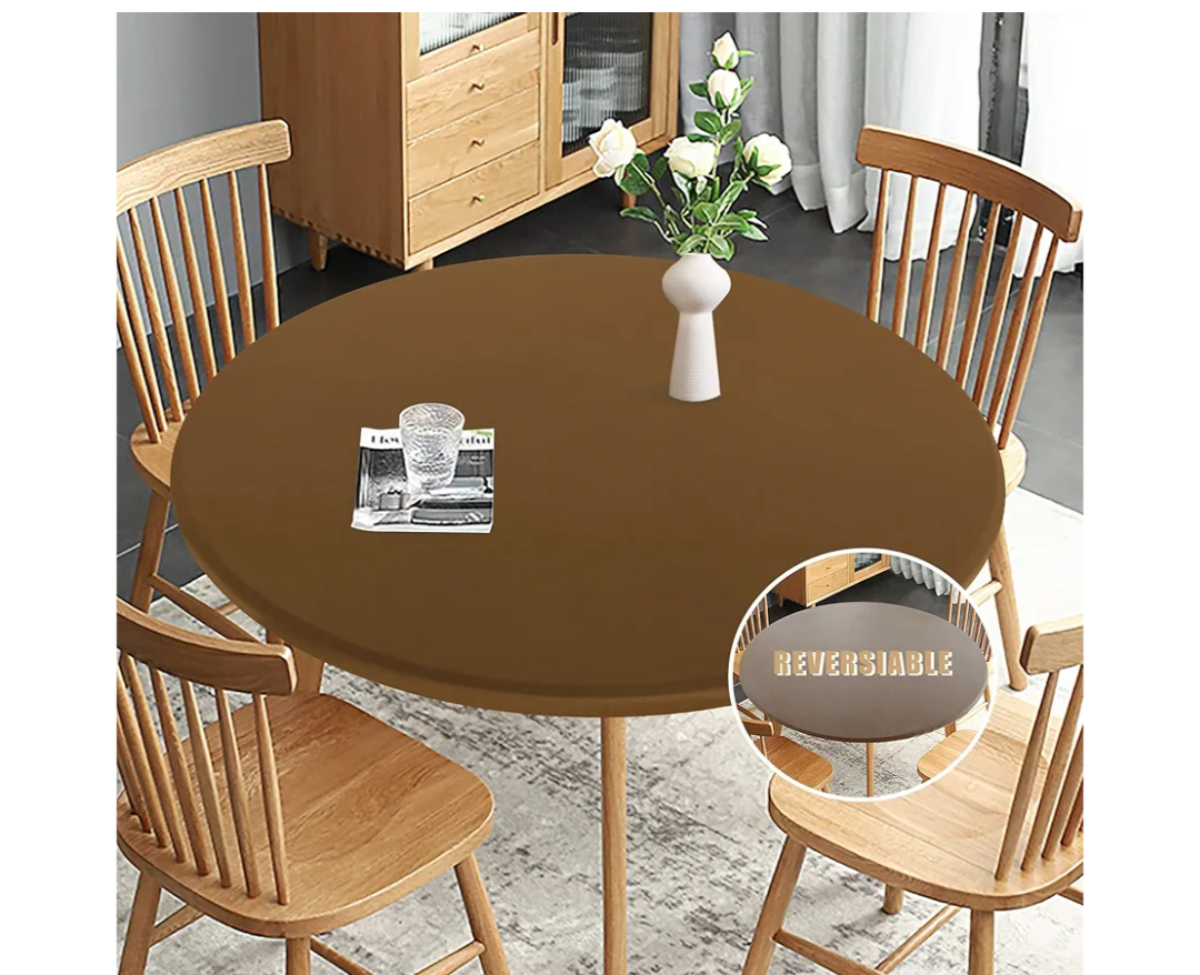 Obstal Fitted Round Table Cloth, Reversible Waterproof Stain Resistant Elastic Stretch Tablecloth, Wipe Clean Table Cover for Outdoor/Indoor Use, Fits Round Tables up to 30" - 36" Diameter, Coffee