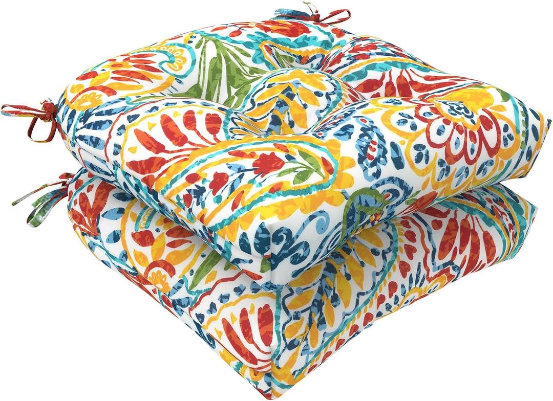 LVTXIII Outdoor/Indoor Tufted Seat Cushion, Decorative Wicker Chair Pads All Weather Seat Cushion Sets for Patio Garden Home Office Furniture, 19x19x4, Round Back, Pack of 2, Paisley Multi