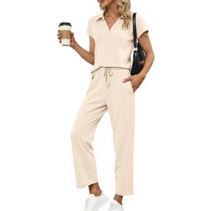 Glamaker Womens 2 Piece Summer Outfit Lounge Set Cap Sleeve Polo Top And Pant Set Tracksuit Travel Matching Outfit 2026 (Yellow, S)