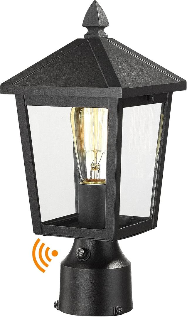 zeyu Dusk to Dawn Outdoor Post Light Fixture, 13.7-Inch Farmhouse Post Lantern Lamp Post for Patio, Clear Glass Shade and Black Finish, 20076PS-PC BK (Medium - 1 Pack)