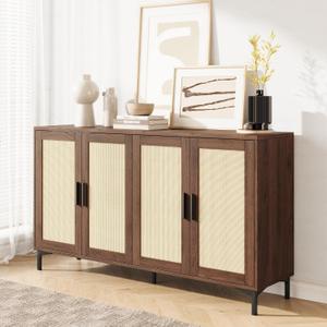 JASIWAY Buffet Cabinet with Storage, 48" Rattan Sideboard with Adjustable Shelves, Modern Coffee Bar Cabinet Console Table with Doors, Credenza for Kitchen, Living Room, Entryway, Dining Room, Walnut, 48.4x15"x33.4"