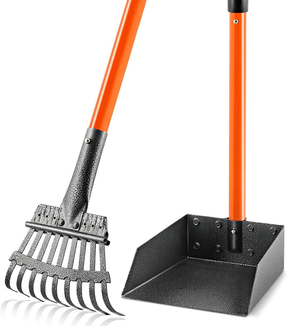 Pooper Scooper, Long Handle Dog Pooper Scooper for Medium Small Dogs Heavy Duty, Pet Supplies Stainless Metal Tray and Rake Set, Use on Grass, Dirt or Gravel