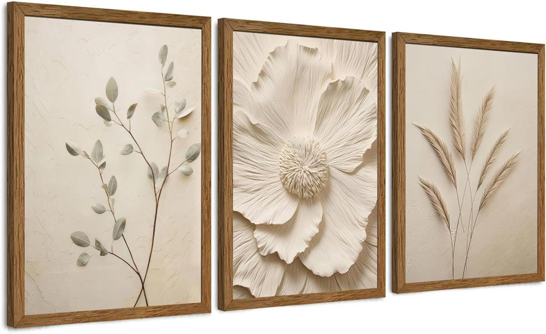 JLTULT 3 Piece Framed Neutral Beige Floral Canvas Wall Art, Modern Simple Texture Blossom Wall Decor, Vintage Botanical Flower Art Prints for Living Room Bedroom Farmhouse 16x24 inch Ready to Hang