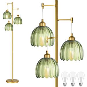 QIYIZM Gold Floor Lamp for Living Room,Bedroom,Mid Century Modern Standing Lamp Brass Tree 3 Light Tall Floor Lamps Vintage Retro Floor Lights Glass Green Flower Lamp Shade Farmhouse Boho Bohemian,  9-Floor Lamp