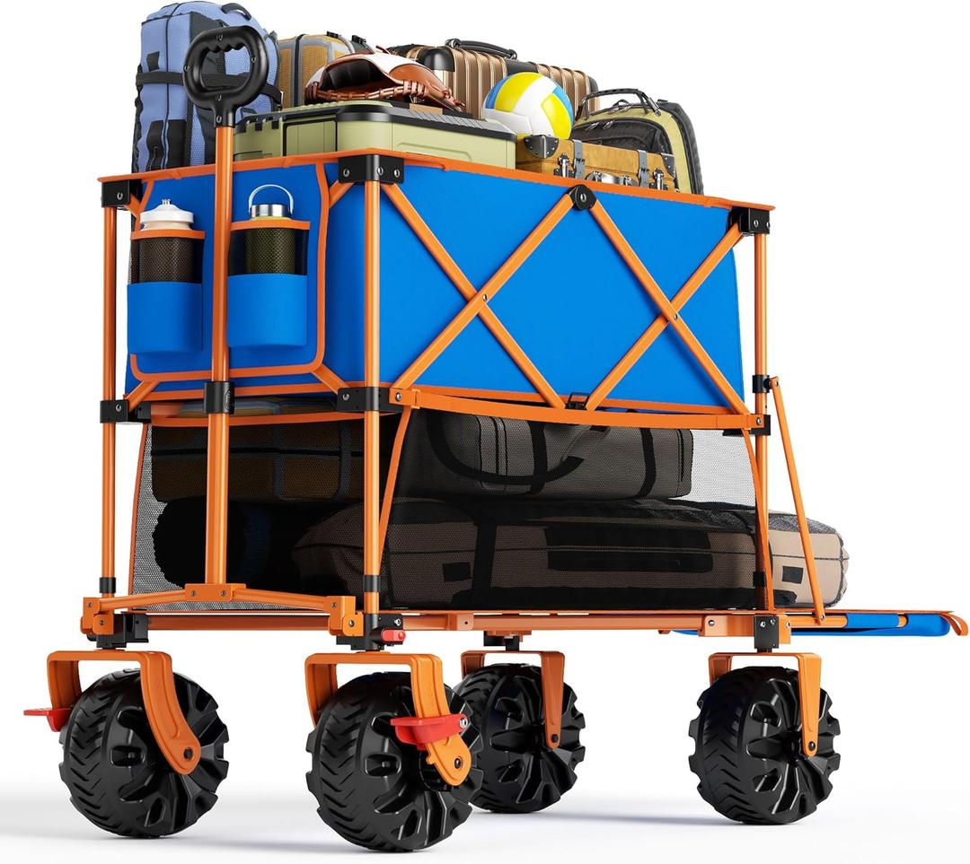 400L Collapsible Double Decker Beach Wagon with Brakes, Folding Beach Cart with 54" Extra Long Decker, 450LBS Heavy Duty Wagon Chart with All-Terrain Big Wheels for Sand Camping Garden (Blue Turtle)