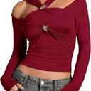 WDIRARA Women's Twist Front Ruched Cut Out T Shirt Long Sleeve Going Out Tops (L)