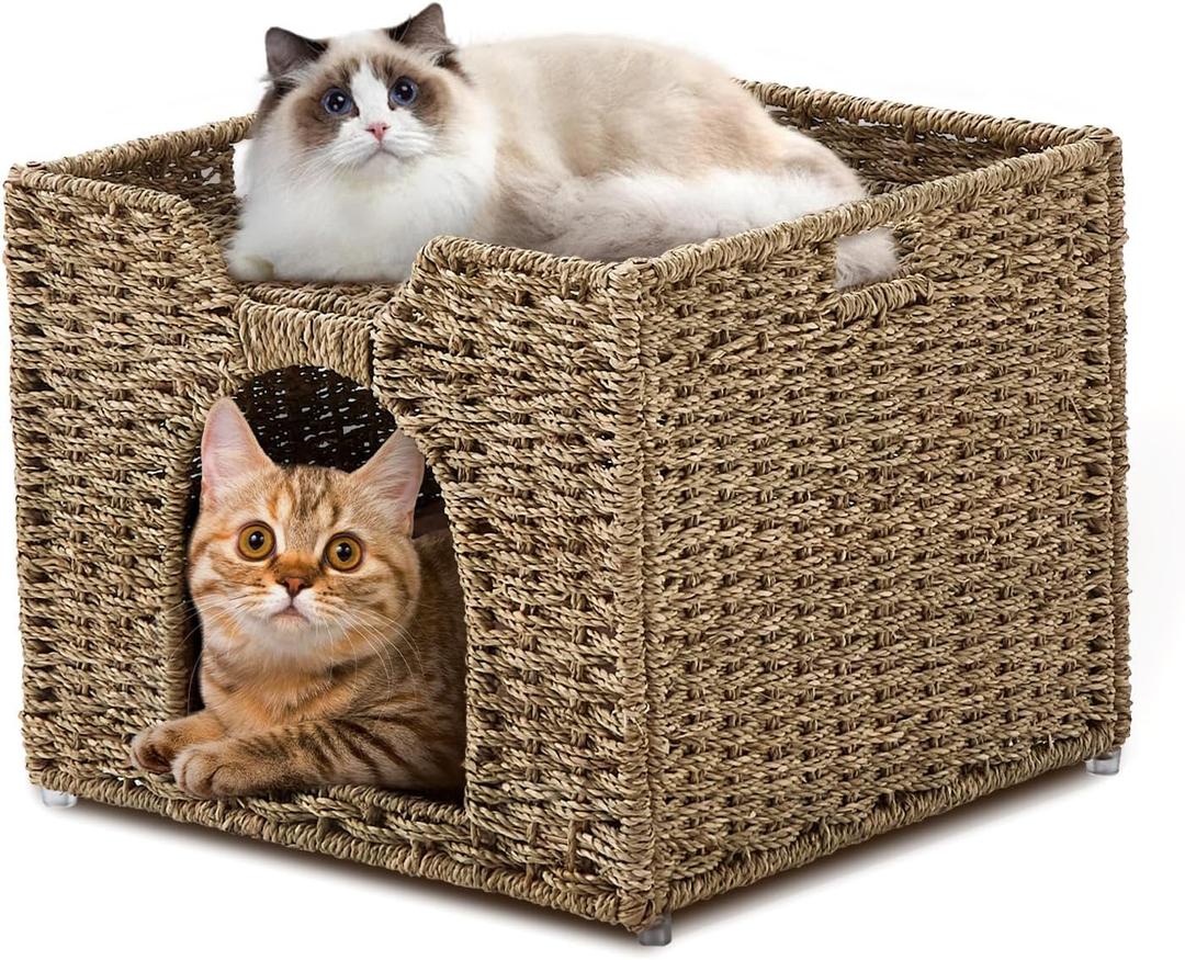 Cat Houses for Indoor Cats, Handwoven Natural Seagrass Cat Cave Pet Cube,Foldable Pet Cat House, Cat Beds with Double-Sided Mat, Hideaway, in Living Room Bedroom