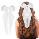 Big Bow Barrettes Long Tail French Ribbon Hair Pins Soft Silky Satin Hair Clip Metal Bowknot Clips 90's Accessories for Party Women Girl (White)