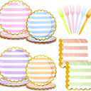 96Pcs Pastel Stripe Party Supplies Gold Foil Scalloped Paper Plates and Napkins Stripe Ice Cream Party Tableware Set Pastel Dinnerware for Girl Birthday Party Baby Shower Decoration Serve 24