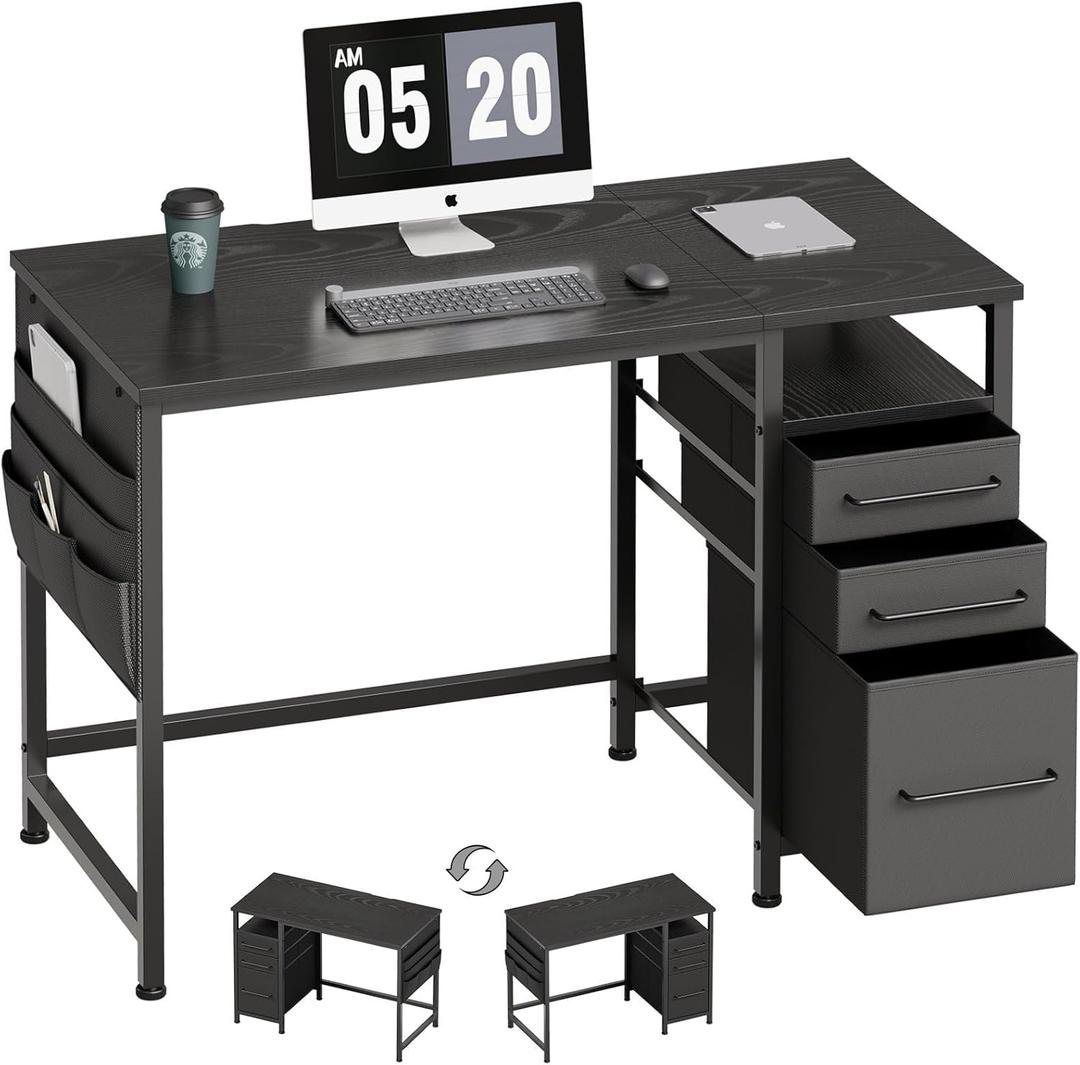 Maihail Small Desk with Drawers, 40 inch Computer Desk with Shelves, Writing Desk with Storage, Small Office Desk with Metal Frame, Black
