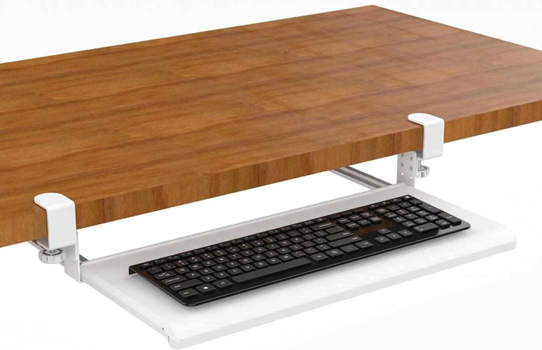 Stand Up Desk Store Compact Clamp-On Retractable Adjustable Keyboard Tray/Under Desk Keyboard Tray | Increase Comfort and Usable Desk Space | for Desks Up to 1.5" (24.5" x 11.5") (White) (Small)