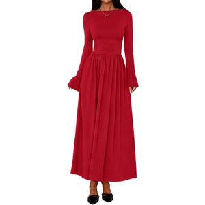 BTFBM Long Sleeve Maxi Dresses for Women 2025 Fall Casual Ruched Boat Neck Flowy Elegant Formal Wedding Guest Dress (Red, XS)