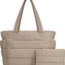 TOPDesign Puffer Tote Bag for Women, Lightweight Puffy Handbag with Compartments, Quilted Shoulder Bag for Work, Travel, Gym (Large, Camel)