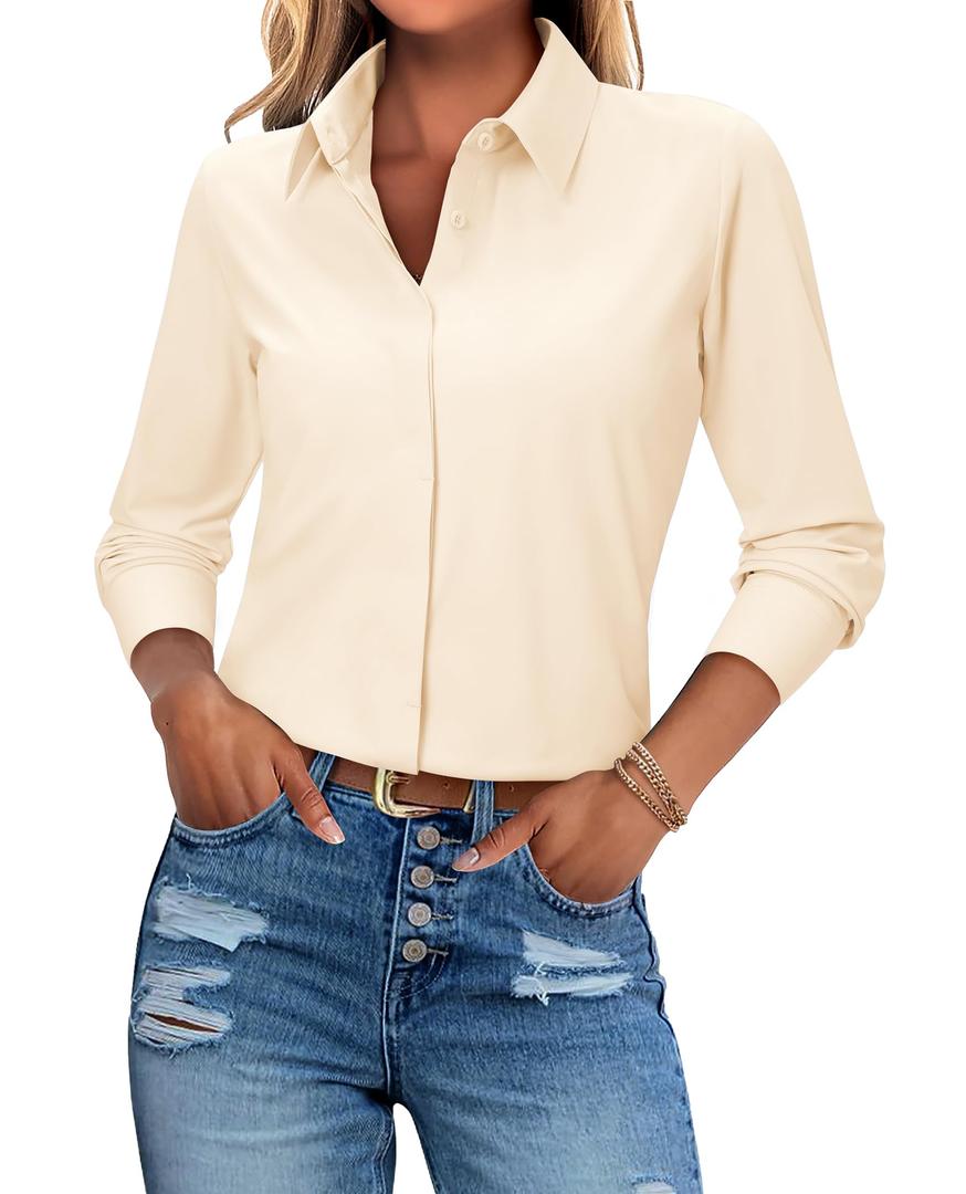 siliteelon Button Down Shirts for Women Dress Shirt Long Sleeve Blouses Stretch Fitted Wrinkle Free Collared Work Tops -B Beige XS