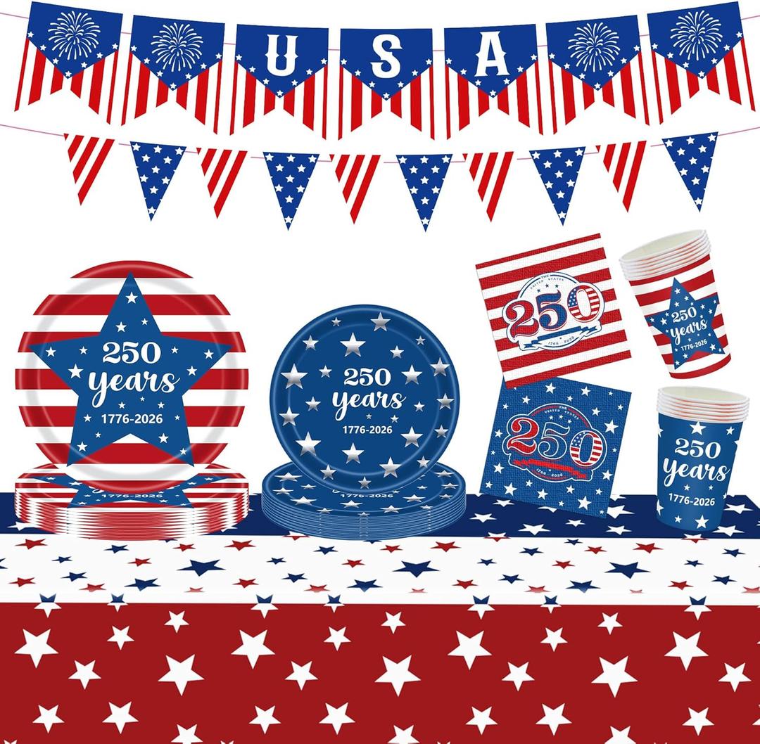 4th of July Party Supplies, American 250th Anniversary Patriotic Party Kit for Independence Day, Memorial Day, Plates, Napkins, Cups, Banner for 4th of July Decorations (American)