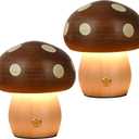LONRISWAY 2Pack Wood Small Mushroom Table Lamp, LED Rechargeable Cordless Touch Bedside Lamps, Wireless Stepless Dimming Night Light, Portable Battery Lamp for Bedroom Nightstand for Birthday Gifts