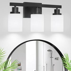 3-Light Bathroom Light Fixtures Over Mirror, Modern Matte Black Vanity Lights with White Frosted Glass Shade, Bathroom Wall Lamp Sconces for Mirror Bedroom, Living Room Hallway