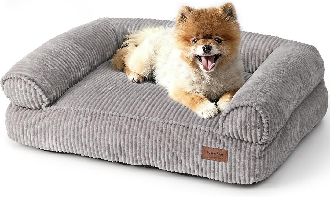 FUKUMARU Dog Couch Bed, Corduroy Cozy Cat Bed for Indoor Cats with Washable Cover, 28in Waterproof Orthopedic Dog Beds Sofa for Small Dogs and Large Cats, Cute Warm Cotton Pet Sofa, Grey (28.3"Lx20.5"Wx9"Th)