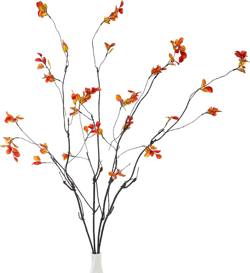 4pcs 38"Fall Artificial Ficus Branches Greenery Branches Autumn Fake Plants with Stems Faux Yellow Leaf Shrub Bushes for Home Indoor Centerpiece Vase FillerThanksgiving Banquet Decor.(Orange)