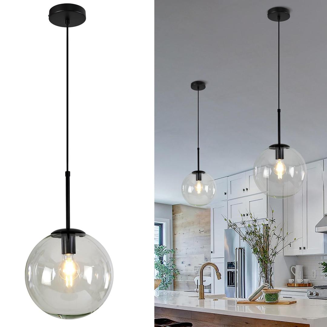 JC TOPA 10 Inch Globe Pendant Light Mid Century Modern Ceiling Pendant Lights with Clear Glass 1-Light Chandelier for Kitchen Island Living Room Dining Room Bar Black
