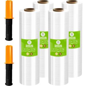 Cosy Family Plastic Wrap Stretch Film Roll - 1000ft 60 Gauge Industrial Strength 15 inch Wide Clear Plastic Wrap Roll with Handles for Pallet Wrapping Shipping Moving - Clear, Pack of 4