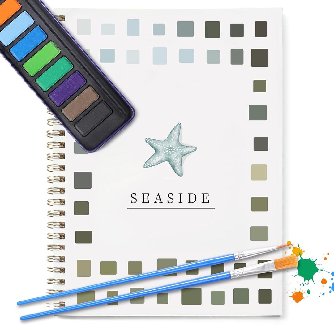 Dancart Watercolor Kit with Outlines, 12 Colors Rustproof Box, 3 Brushes & Multi-Theme Painting Kit for Teens & Adults (Seaside)