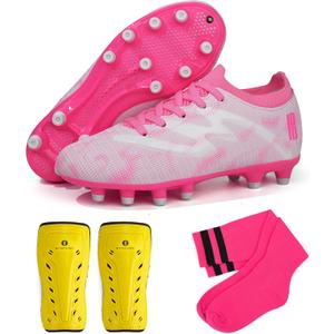 brooman Kids Firm Ground Soccer Cleats Boys Girls Football Shoes with Shin Guards and Soccer Socks (12, White Pink)