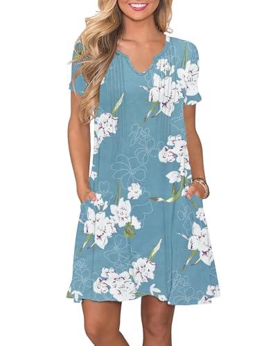 PLOKNRD Women's Casual Dress Summer Short Sleeve T-Shirt Dress Crew Neck Basic Dresses 2025 (Flower White Blue, 2XL)
