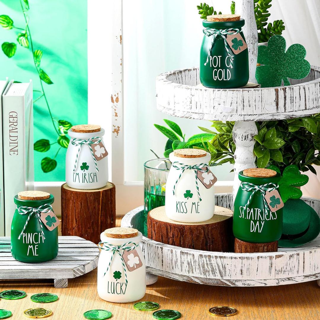 Umigy 6 Set St. Patrick's Day Mini Mason Jars Saint Patrick's Day Tiered Tray Decor Shamrock Small Glass Jars with Lids Wood Tags and String Mason Jars for Centerpieces Kitchen Table Party Supplies