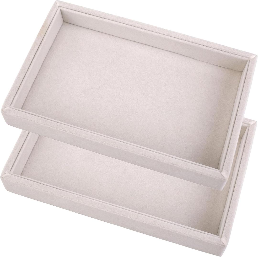 Mornajina 2 Pcs 9" x 5.7" Velvet Jewelry Tray Jewelry Display Tray, Stackable Empty Plate Trays for Earrings Necklaces Bracelet Rings Display Showcase - Beige