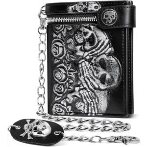 ZEKEE Skull Gothic Chain Wallet Leather Punk Bifold Halloween Goth Accessories Unisex,Black