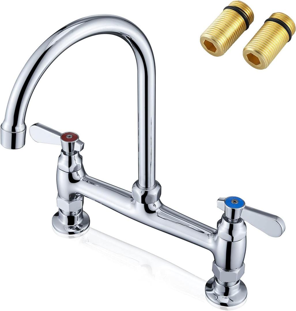 Commercial Sink Faucet 8 Inch Center Deck Mount Faucet with 8 Inches Gooseneck Swviel Spout Favorpo Kitchen Faucet for Restaurants Laundry Room Utility Sink, 2 Handle, 2 Holes, Brass Structure