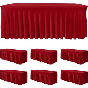 HolidayIdeas 6 Pack Red Spandex Table Skirt for 6 Ft Rectangle Tables, Fitted Stretch Tablecloth 30 x 72 Inch, Wrinkle Resistant Ruffle Design for Valentine's Day, Mother's Day, Trade Shows, Parties